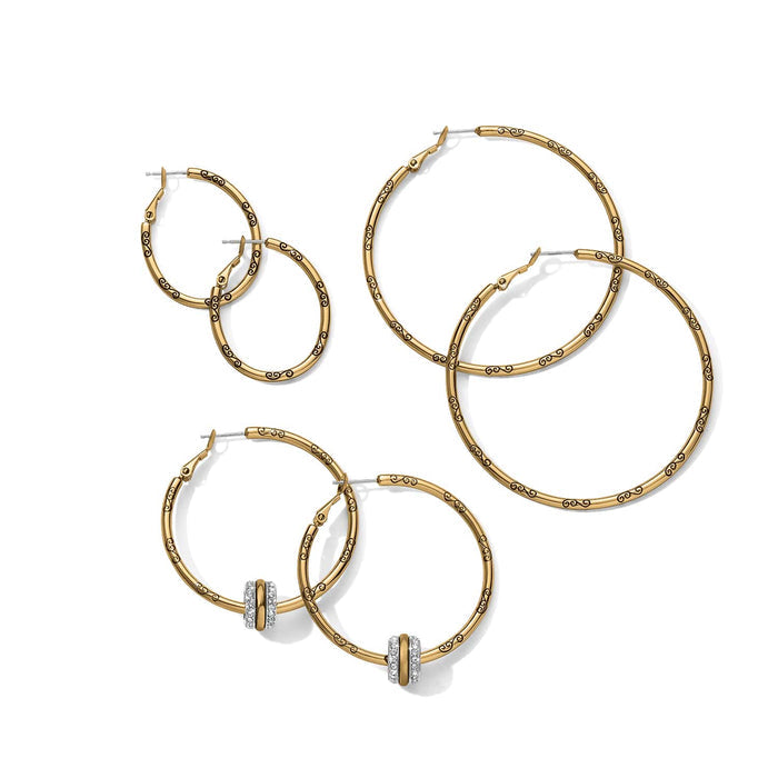 Brighton hoop earrings trio in gold-tone with engraved scroll details and crystal-accented sliders on a white background