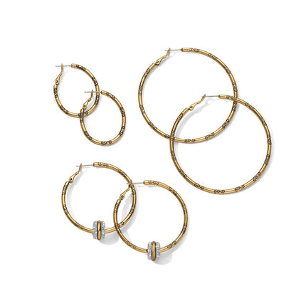 Brighton hoop earrings trio in gold-tone with engraved scroll details and crystal-accented sliders on a white background