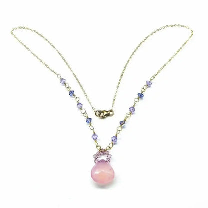 Purple Chalcedony Drop 14 KT Gold Filled Gemstone Necklace featuring lavender chalcedony drops and Swarovski crystals.
