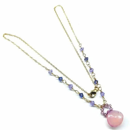 Purple Chalcedony Drop 14 KT Gold Filled Gemstone Necklace with lavender drops and Swarovski crystals.