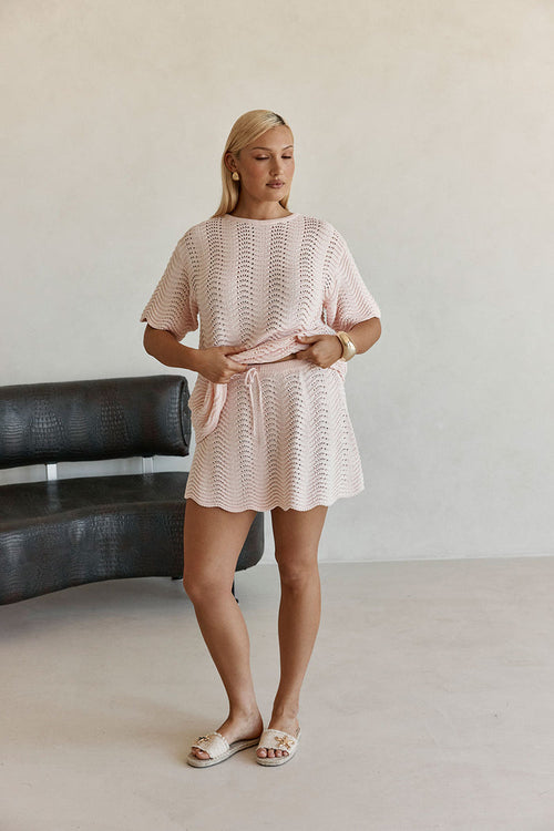 Blush Pink Wave Knit Drawstring Mini Leah Skirt