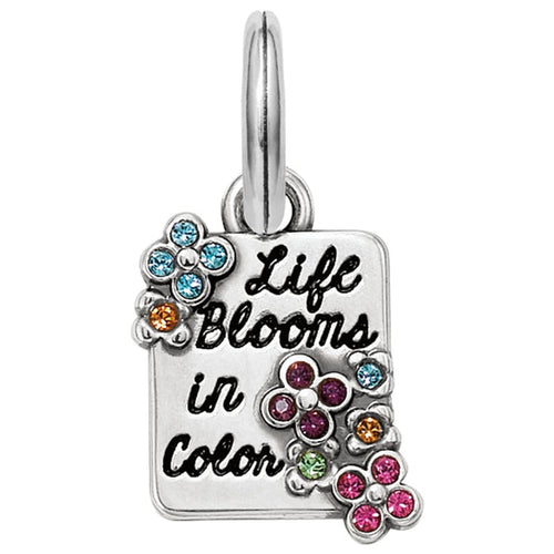 Brighton charm with Life Blooms in Color script, silver-plated flowers, and multicolor crystal accents on a white background