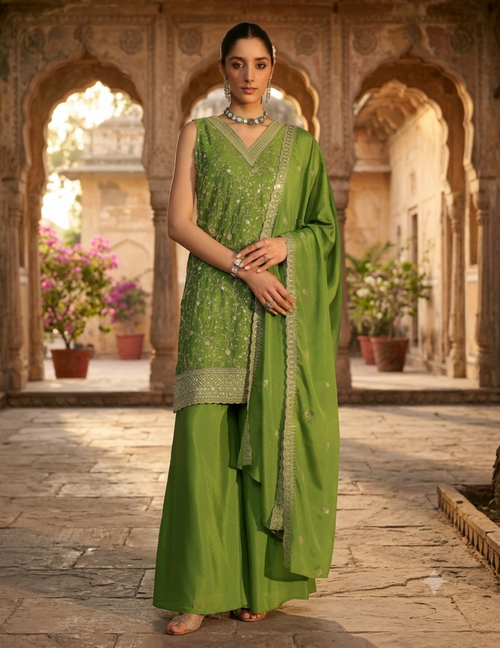 A woman stands barefoot in a stone courtyard wearing an olive green traditional outfit with silver embroidery, a matching sleeveless blouse, wide-leg pants, and a draped dupatta.