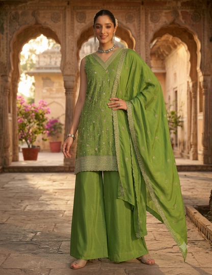 A woman models a traditional Indian salwar kameez suit in a stone courtyard with arches. The outfit is a vibrant lime green, featuring a sleeveless embroidered kameez top, matching wide-leg trousers, and a coordinating dupatta with a silver border.