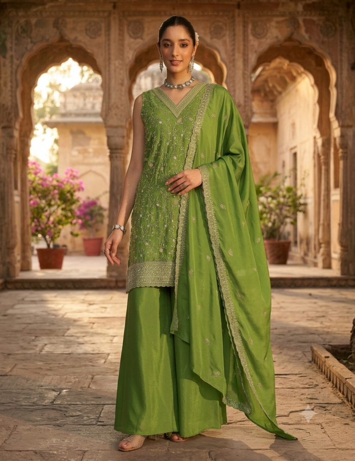 A woman stands in an ornate stone courtyard wearing a bright green traditional outfit with matching draped fabric. The outfit includes a sleeveless embellished top, wide-leg pants, and a coordinating dupatta, with decorative border detailing.