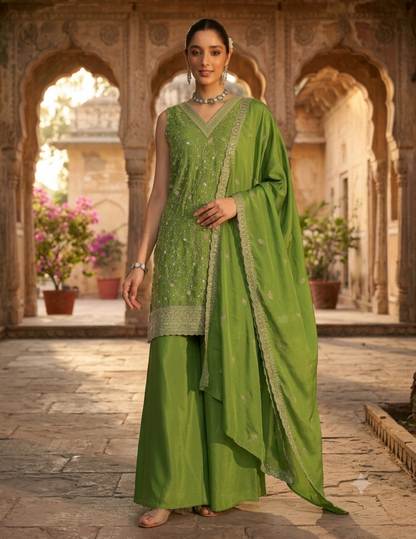 A woman stands in an ornate stone courtyard wearing a bright green traditional outfit with matching draped fabric. The outfit includes a sleeveless embellished top, wide-leg pants, and a coordinating dupatta, with decorative border detailing.