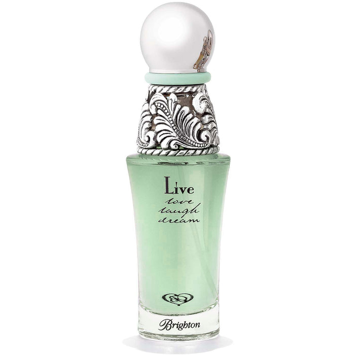 Brighton perfume bottle with green liquid, ornate silver-tone scrollwork cap, and Live Love Laugh Dream text on a white background