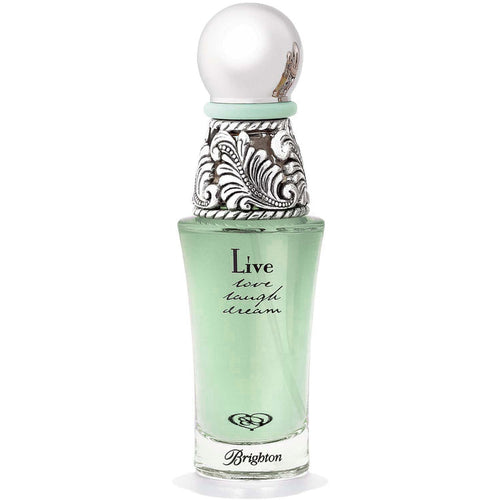 Brighton perfume bottle with green liquid, ornate silver-tone scrollwork cap, and Live Love Laugh Dream text on a white background