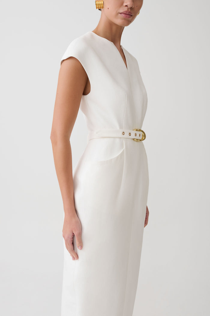 Livia V Neck Linen Maxi Dress - White