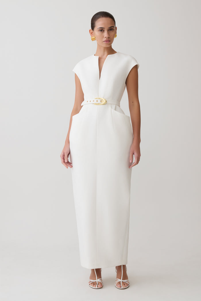 Livia V Neck Linen Maxi Dress - White