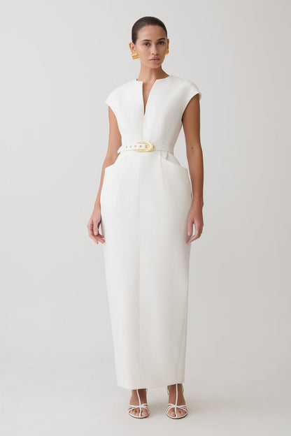 Livia V Neck Linen Maxi Dress - White