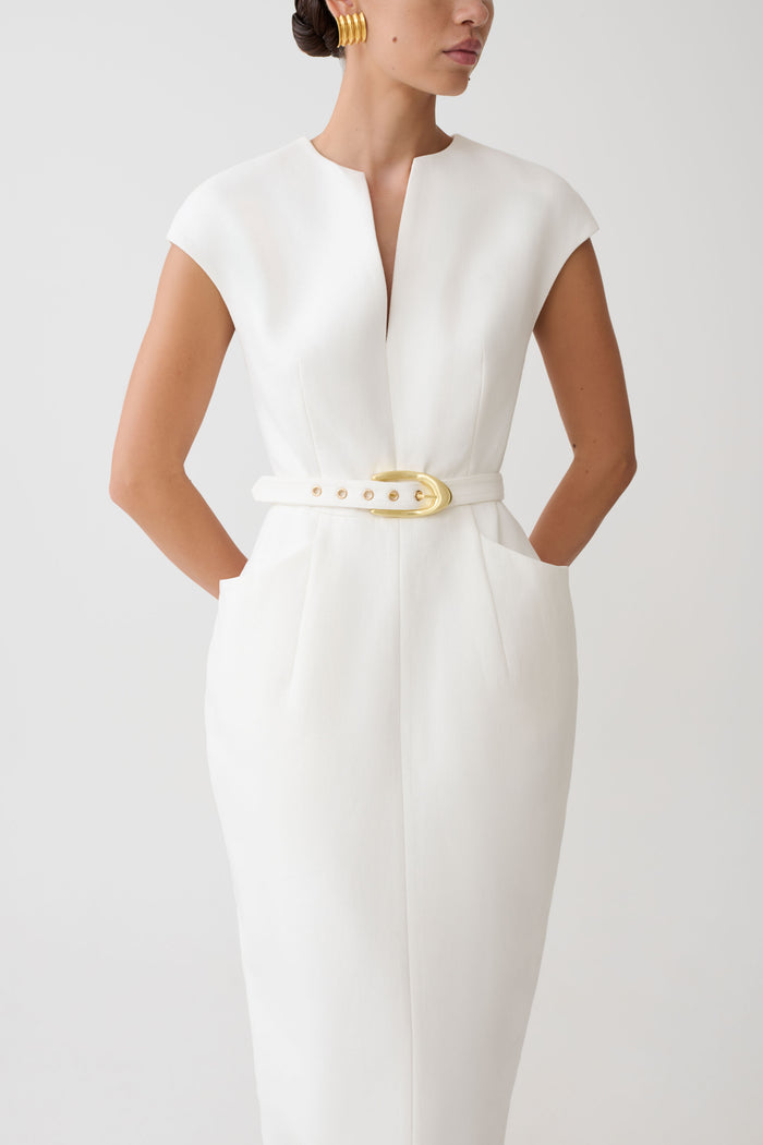 Livia V Neck Linen Maxi Dress - White