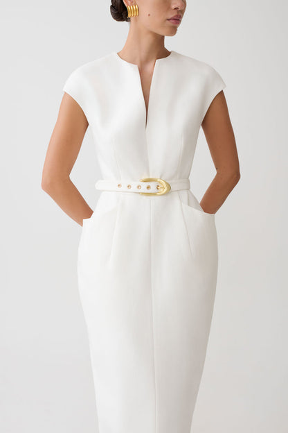 Livia V Neck Linen Maxi Dress - White