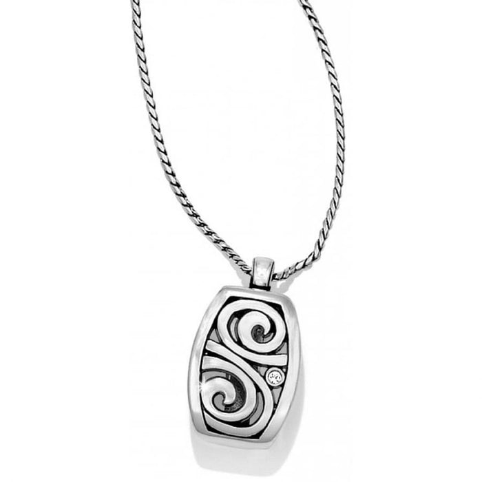 Brighton pendant necklace with silver-plated swirl design, single crystal accent, and rope chain on a white background