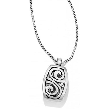 Brighton pendant necklace with silver-plated swirl design, single crystal accent, and rope chain on a white background