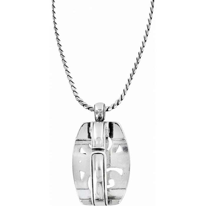 Brighton pendant necklace with silver-plated rectangular pendant featuring cutout details on a rope chain on a white background