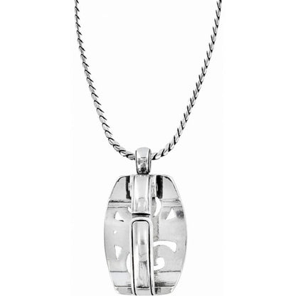 Brighton pendant necklace with silver-plated rectangular pendant featuring cutout details on a rope chain on a white background