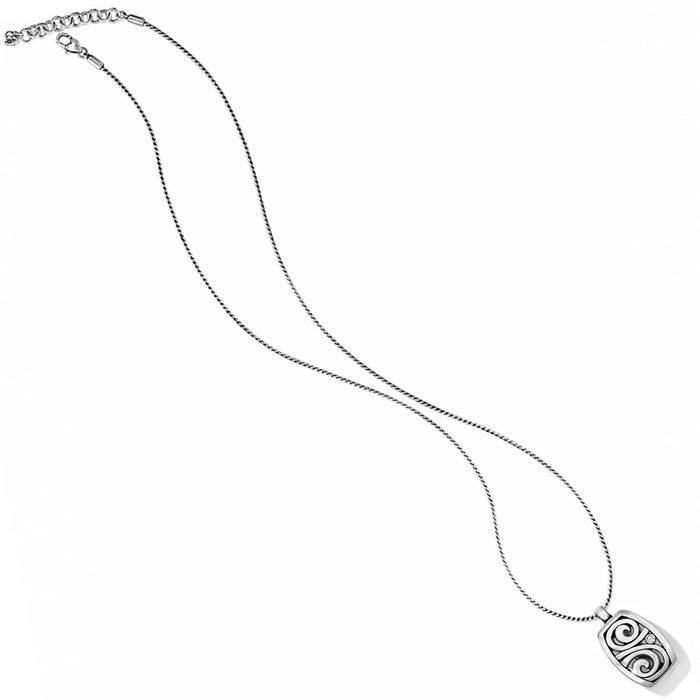 Brighton pendant necklace with silver-plated rectangular pendant featuring swirl design and thin twisted chain on a white background