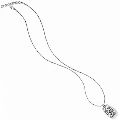 Brighton pendant necklace with silver-plated rectangular pendant featuring swirl design and thin twisted chain on a white background