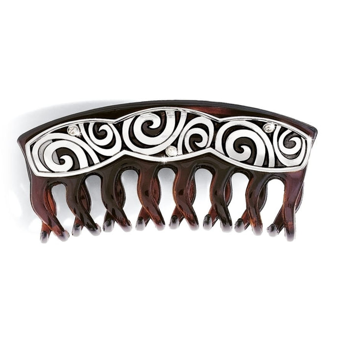Brighton tortoise hair comb with silver-plated swirl design and crystal accents on a white background