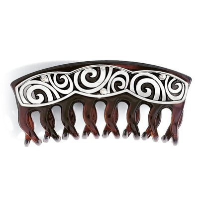 Brighton tortoise hair comb with silver-plated swirl design and crystal accents on a white background