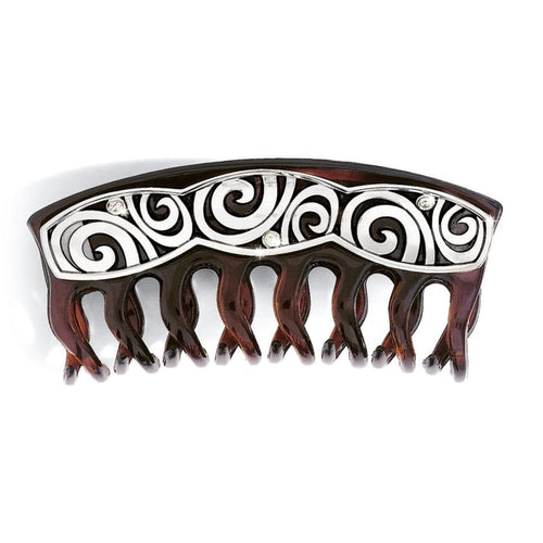 Brighton tortoise hair comb with silver-plated swirl design and crystal accents on a white background