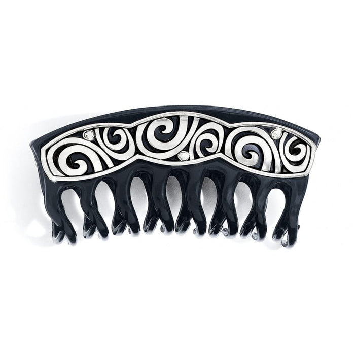 Brighton black hair comb with silver-plated swirl design and crystal accents on a white background