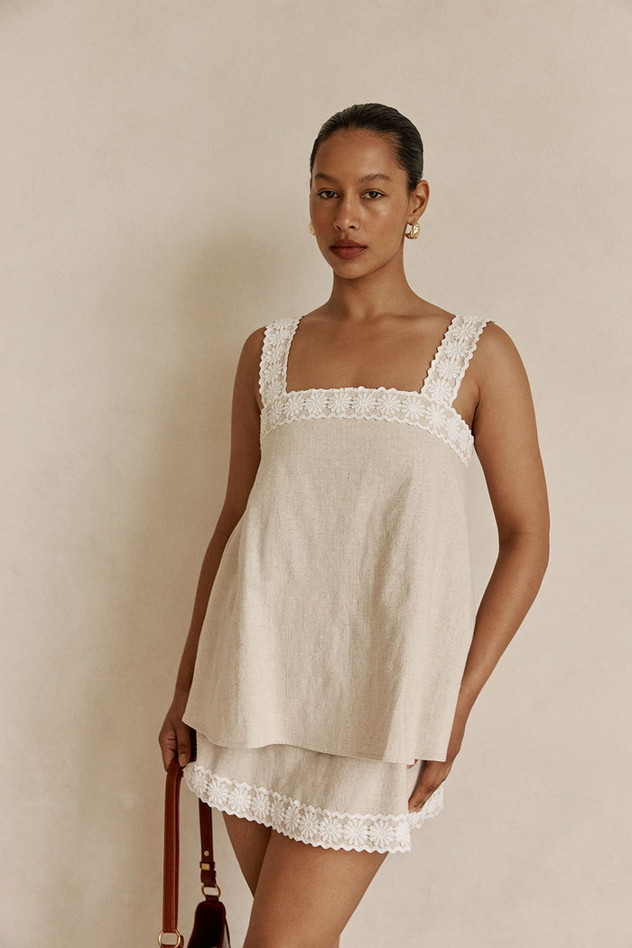 Beige Vintage Lace Detail Mini A-Line Lottie Dress