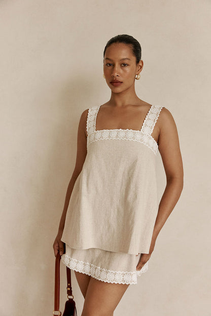 Beige Vintage Lace Detail Mini A-Line Lottie Dress