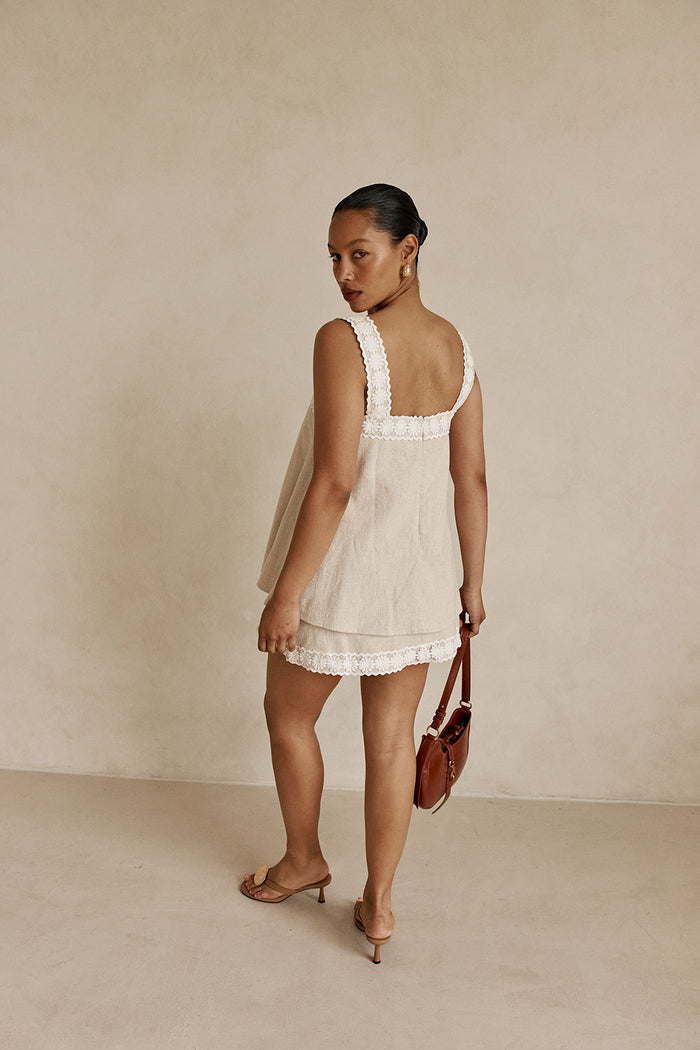 Beige Vintage Lace Detail Mini A-Line Lottie Dress