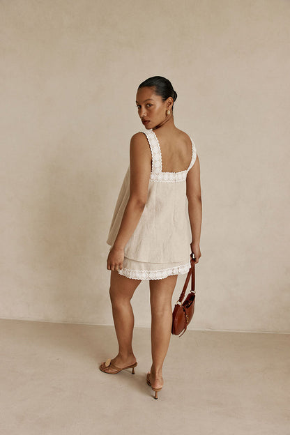 Beige Vintage Lace Detail Mini A-Line Lottie Dress