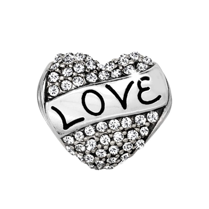 Brighton heart charm with pave crystals and silver-plated Love banner across the center on a white background