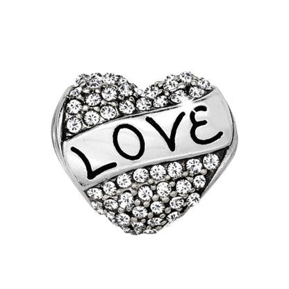 Brighton heart charm with pave crystals and silver-plated Love banner across the center on a white background