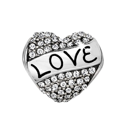 Brighton heart charm with pave crystals and silver-plated Love banner across the center on a white background