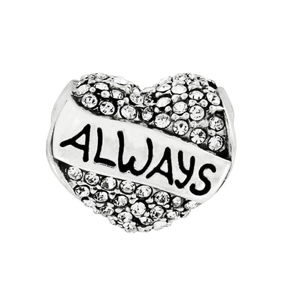 Brighton heart charm with pave crystals and silver-plated banner engraved with the word Always on a white background