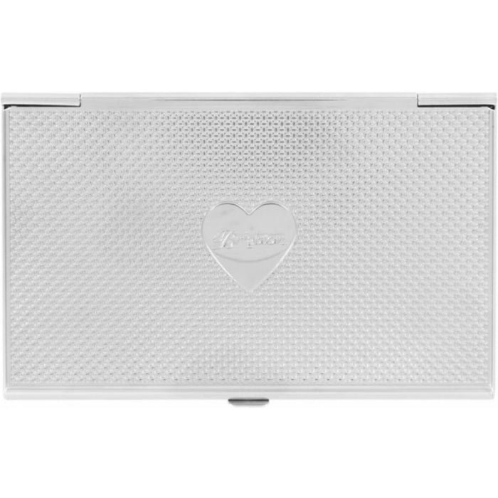 Brighton silver-tone card case with textured woven pattern and engraved heart emblem centered on a white background