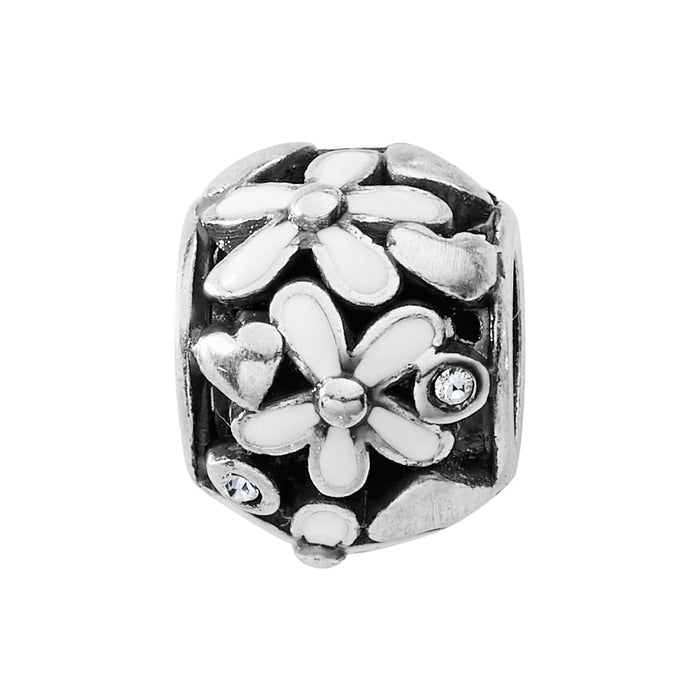 Brighton floral charm bead with white enamel daisies, silver-tone hearts, and crystal accents on a white background