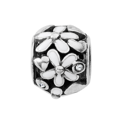 Brighton floral charm bead with white enamel daisies, silver-tone hearts, and crystal accents on a white background