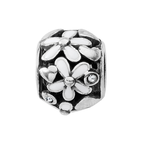 Brighton floral charm bead with white enamel daisies, silver-tone hearts, and crystal accents on a white background