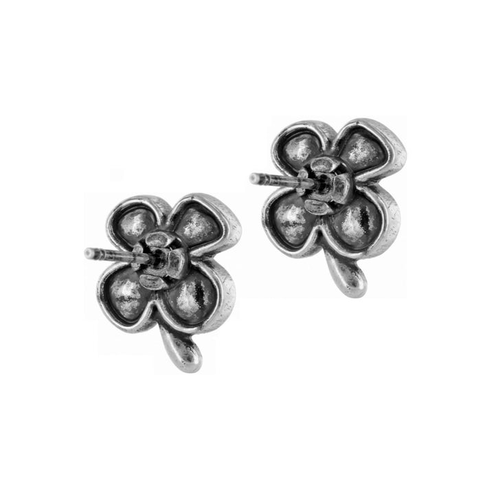 Brighton stud earrings shown from the back with silver-plated flower design and posts on a white background