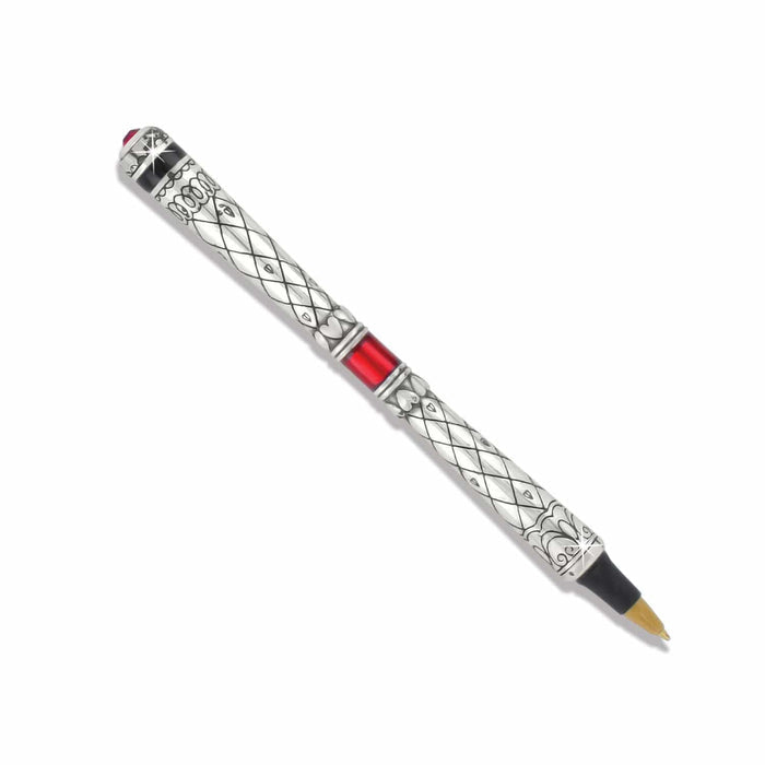 Brighton silver-plated pen with diamond lattice pattern, red enamel band, and engraved scrollwork on a white background