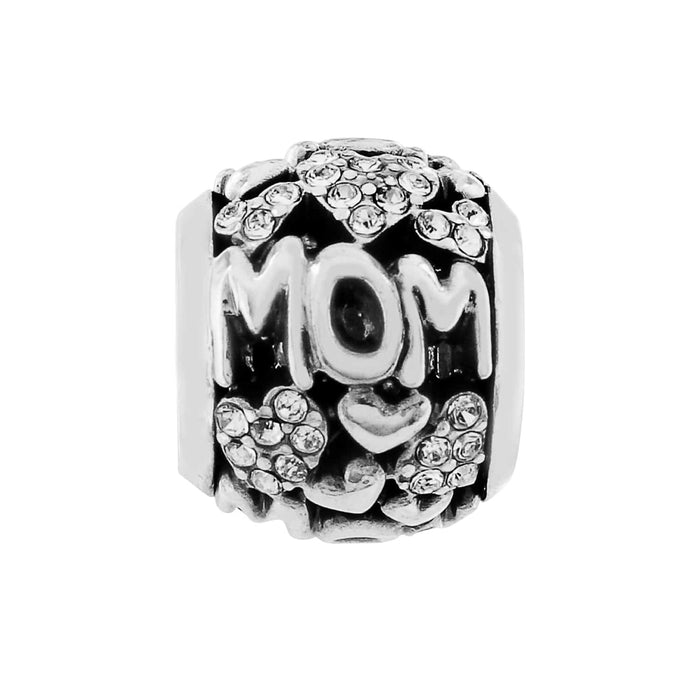 Brighton Mom charm bead with silver-plated finish, crystal-set hearts, and raised lettering on a white background