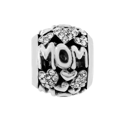 Brighton Mom charm bead with silver-plated finish, crystal-set hearts, and raised lettering on a white background