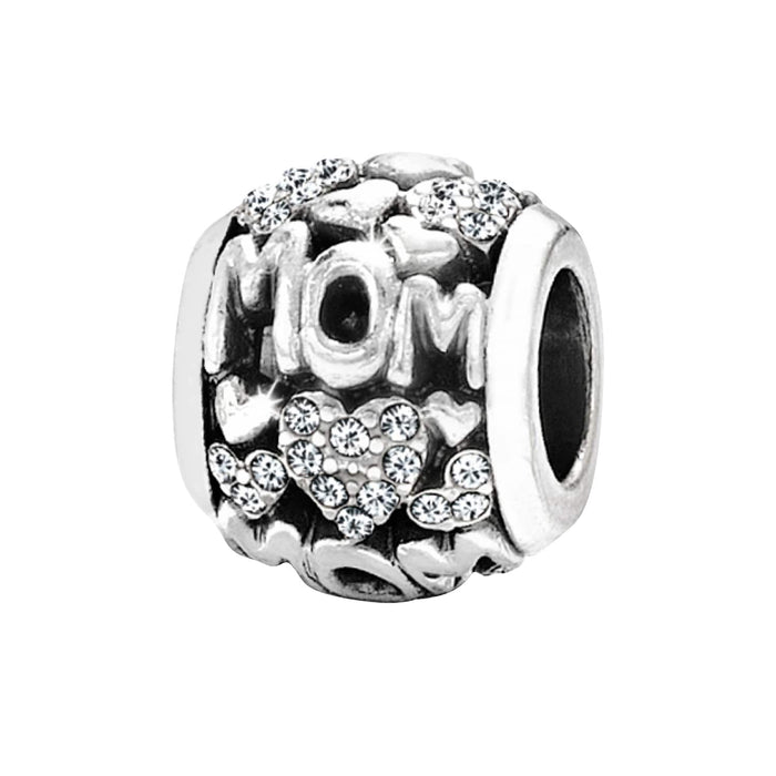 Brighton Mom charm bead with silver-plated finish, crystal heart accents, and engraved lettering on a white background