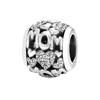 Brighton Mom charm bead with silver-plated finish, crystal heart accents, and engraved lettering on a white background