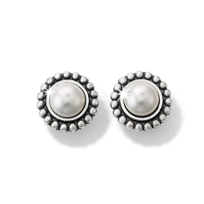 Brighton pearl stud earrings with silver-plated beaded halo border surrounding a round white pearl center on a white background