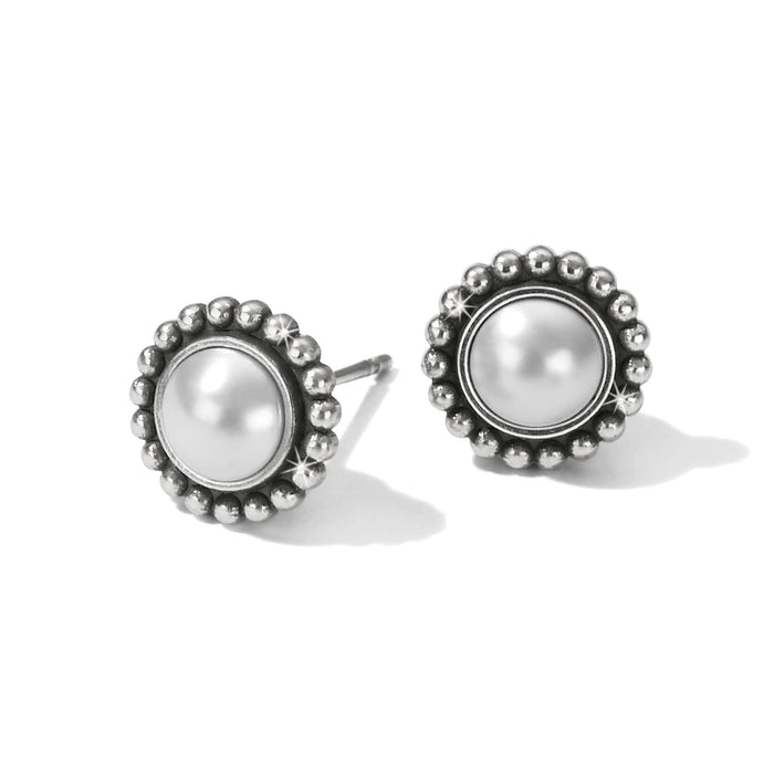 Brighton stud earrings with pearl centers framed by silver-plated beaded borders on a white background