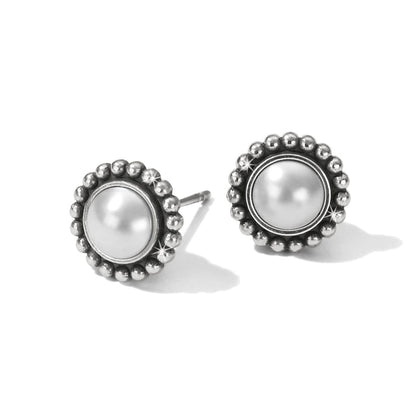 Brighton stud earrings with pearl centers framed by silver-plated beaded borders on a white background