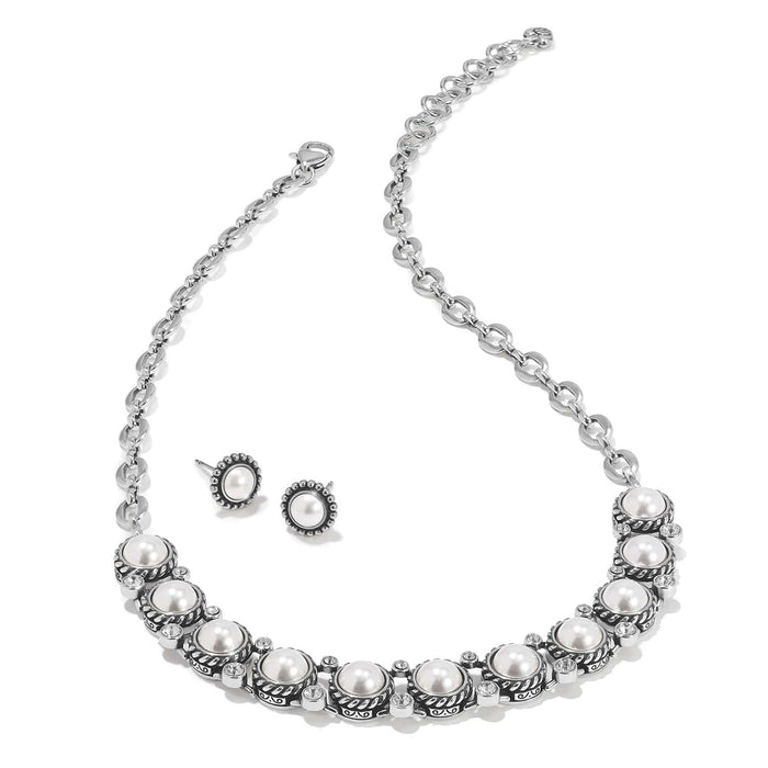 Brighton pearl necklace and matching stud earrings with silver-plated rope-edge settings and crystal accents on a white background