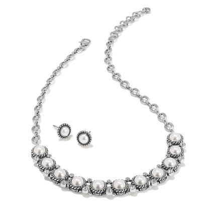 Brighton pearl necklace and matching stud earrings with silver-plated rope-edge settings and crystal accents on a white background